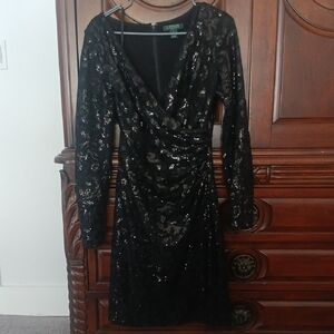Lauren Ralph Lauren Black Sequin Wrap Cocktail Dress